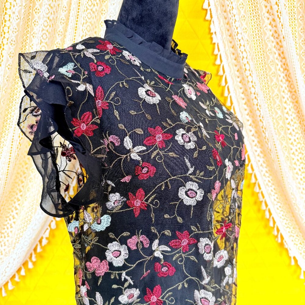 CeCe Sheer Embroidered Floral Mini Ruffle Dress Size L-XL - Picture 11 of 17
